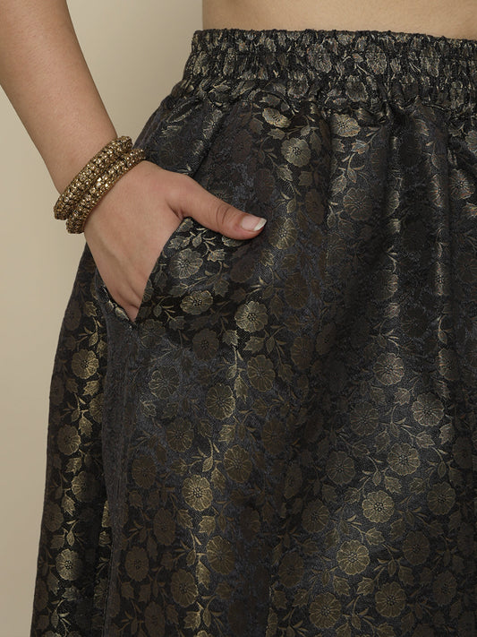 Black Floral Brocade Flared Palazzo