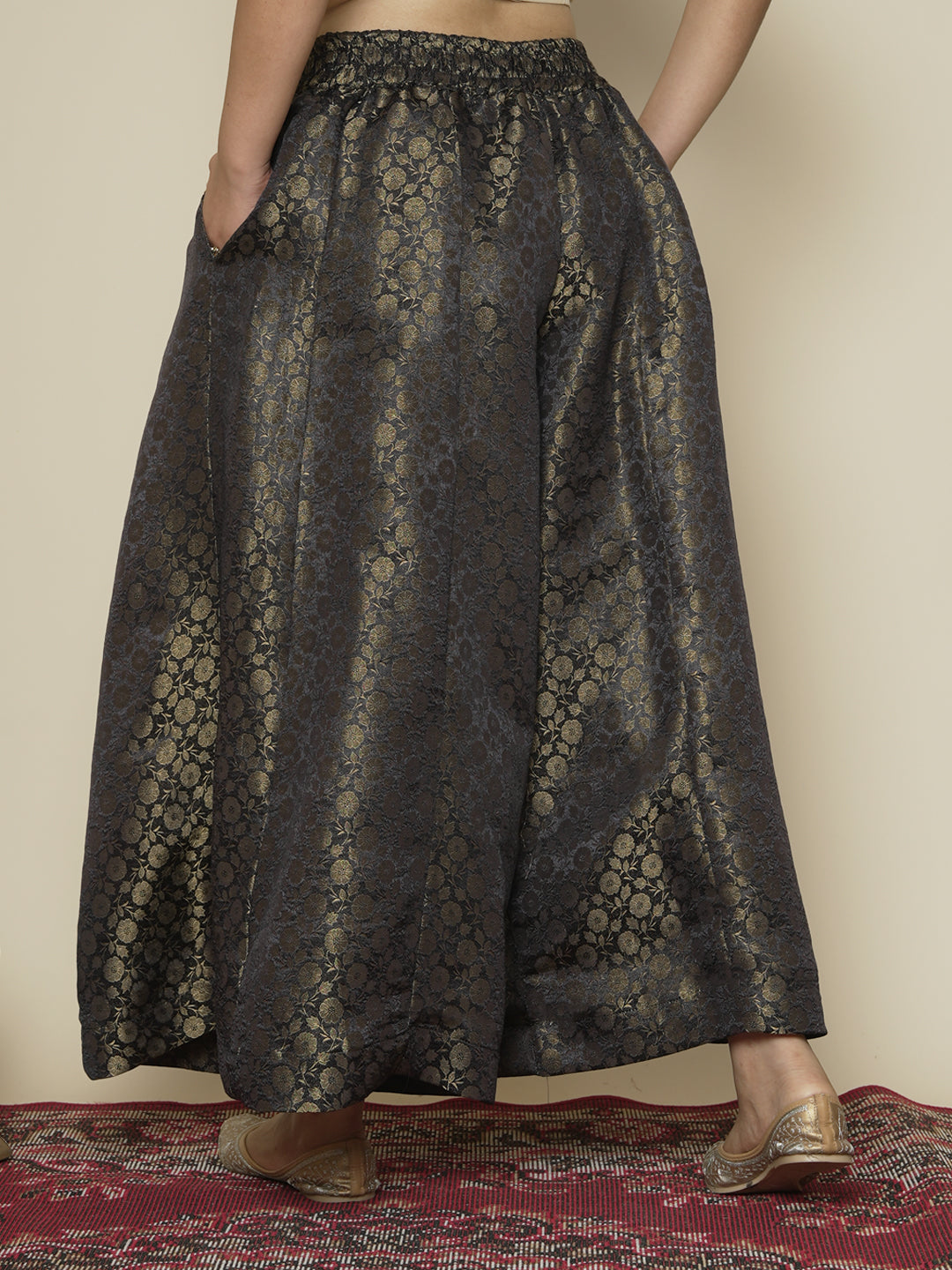 Black Floral Brocade Flared Palazzo