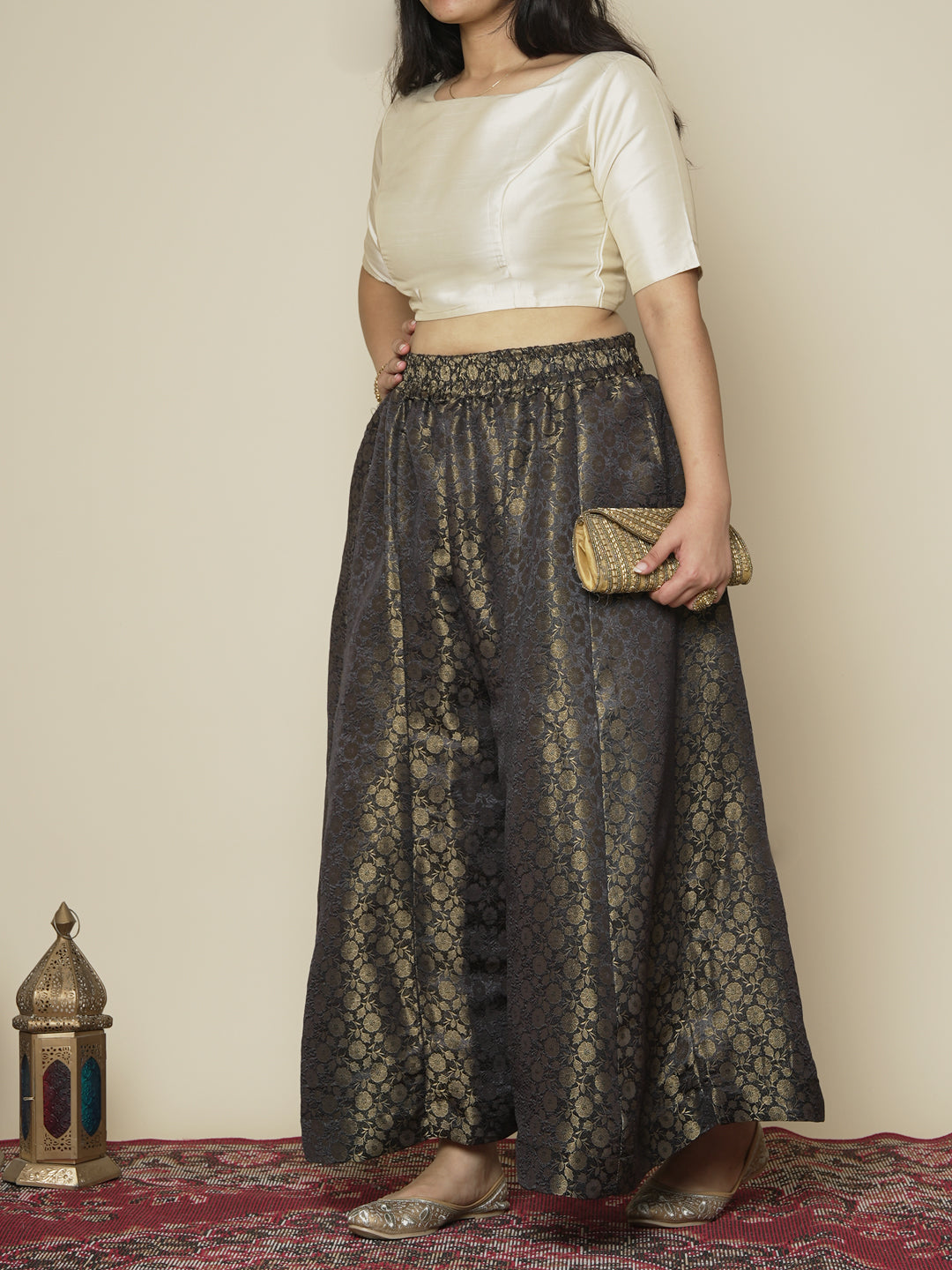 Black Floral Brocade Flared Palazzo