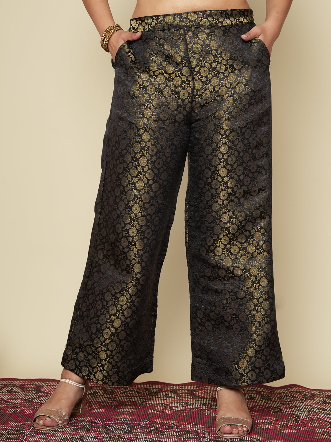 Black Floral Brocade Palazzo Pants
