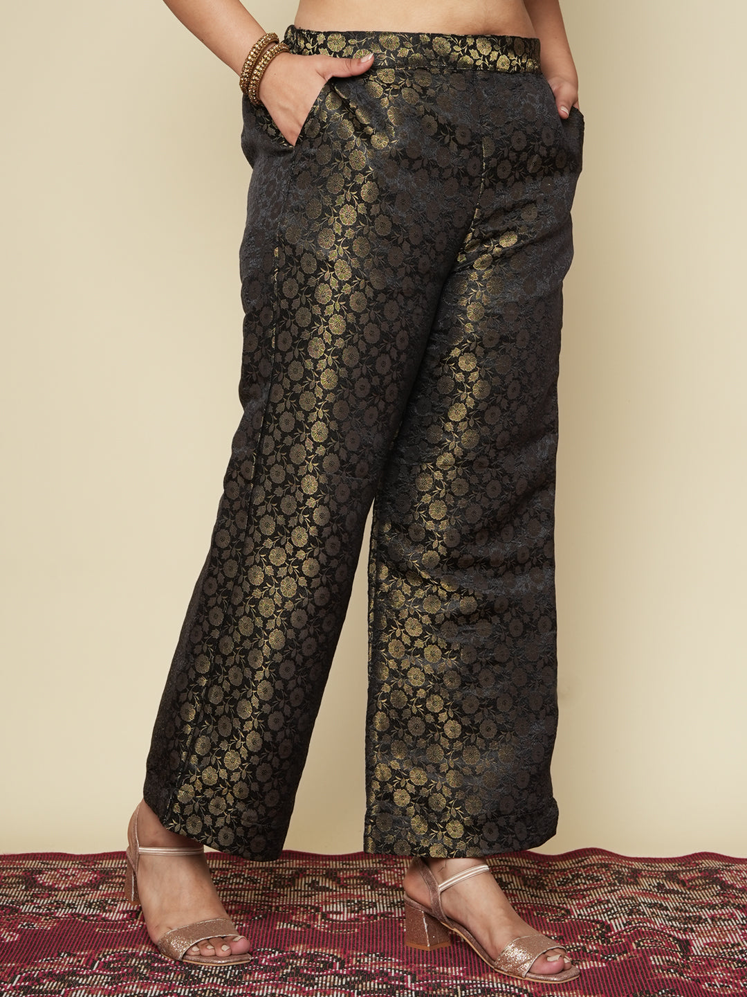Black Floral Brocade Palazzo Pants
