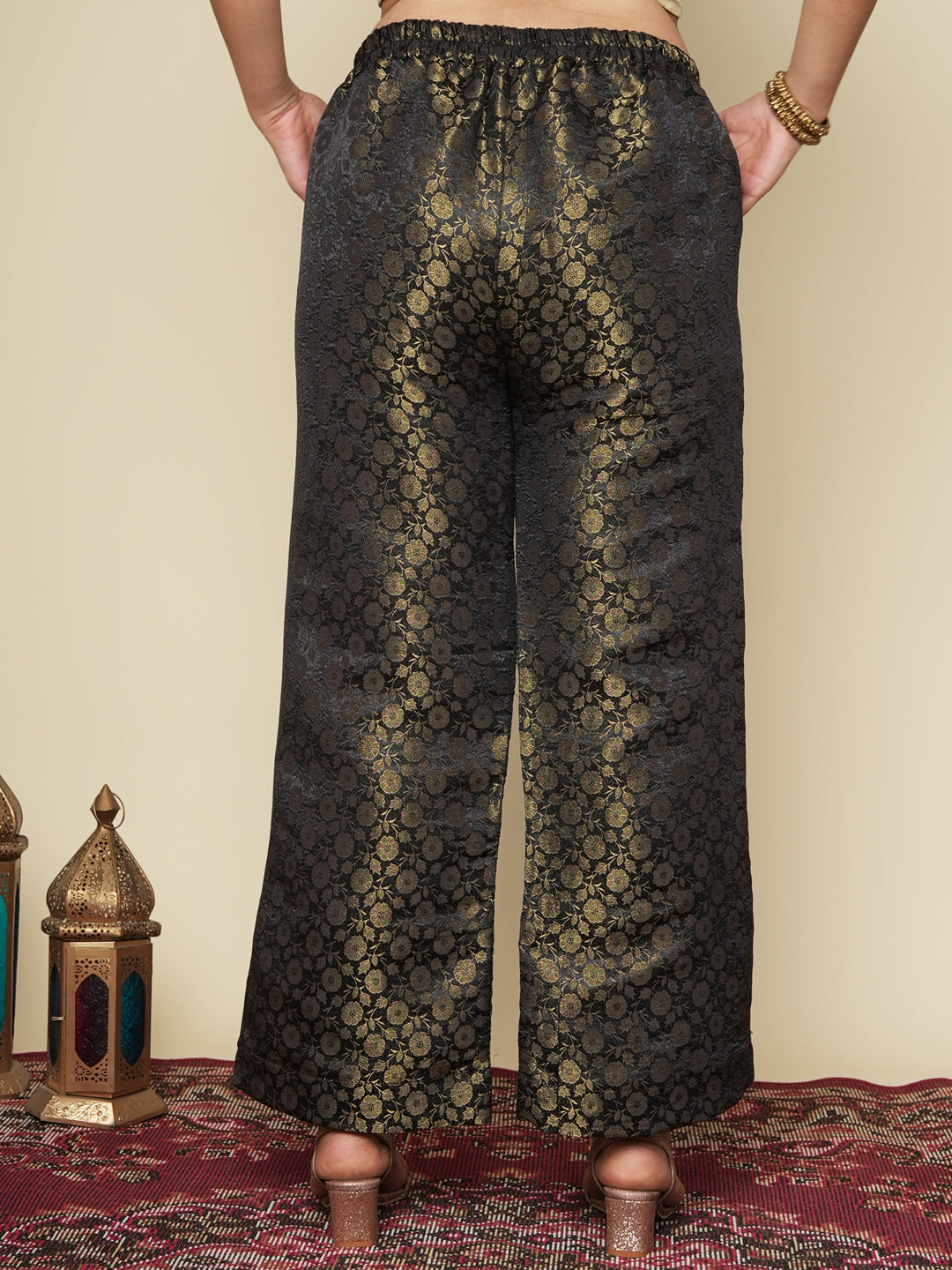 Black Floral Brocade Palazzo Pants