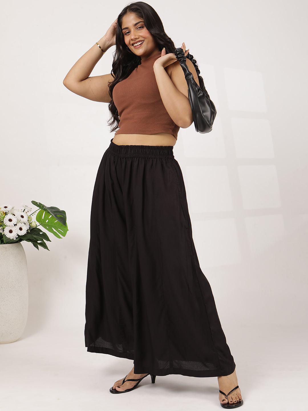 Black Rayon Flared Palazzo