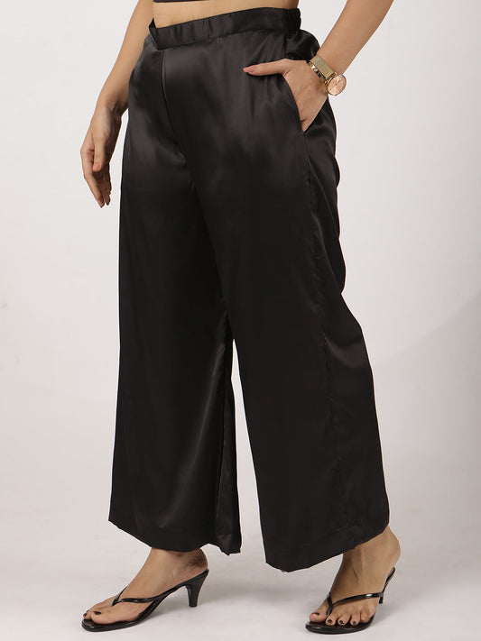 Black Satin Wide-Leg Pants