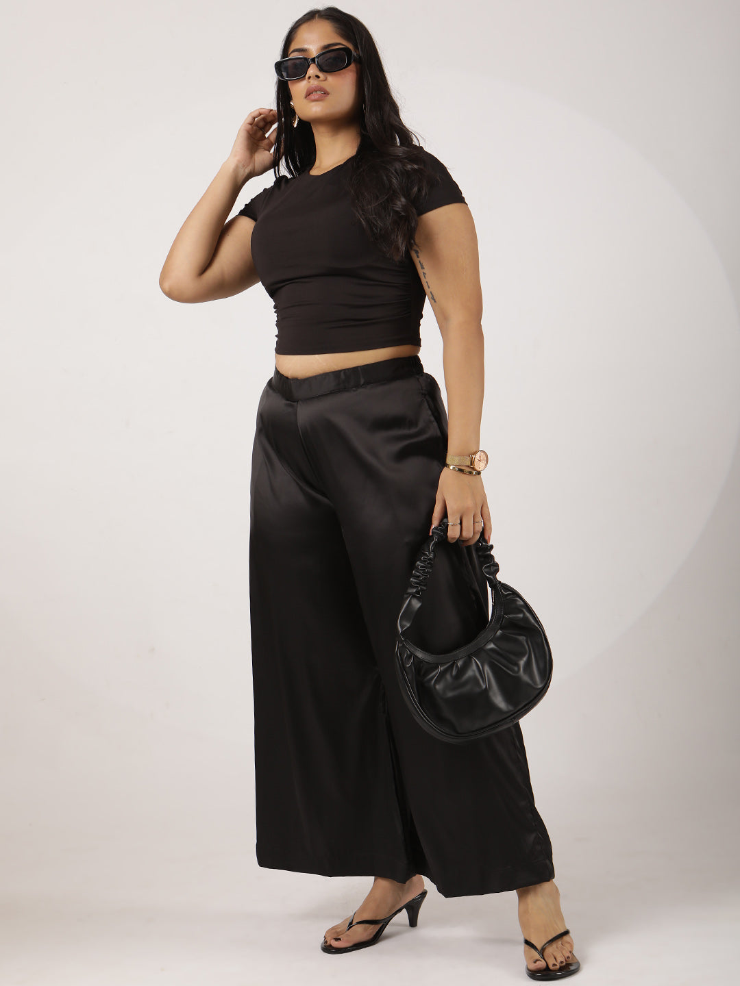 Black Satin Wide-Leg Pants