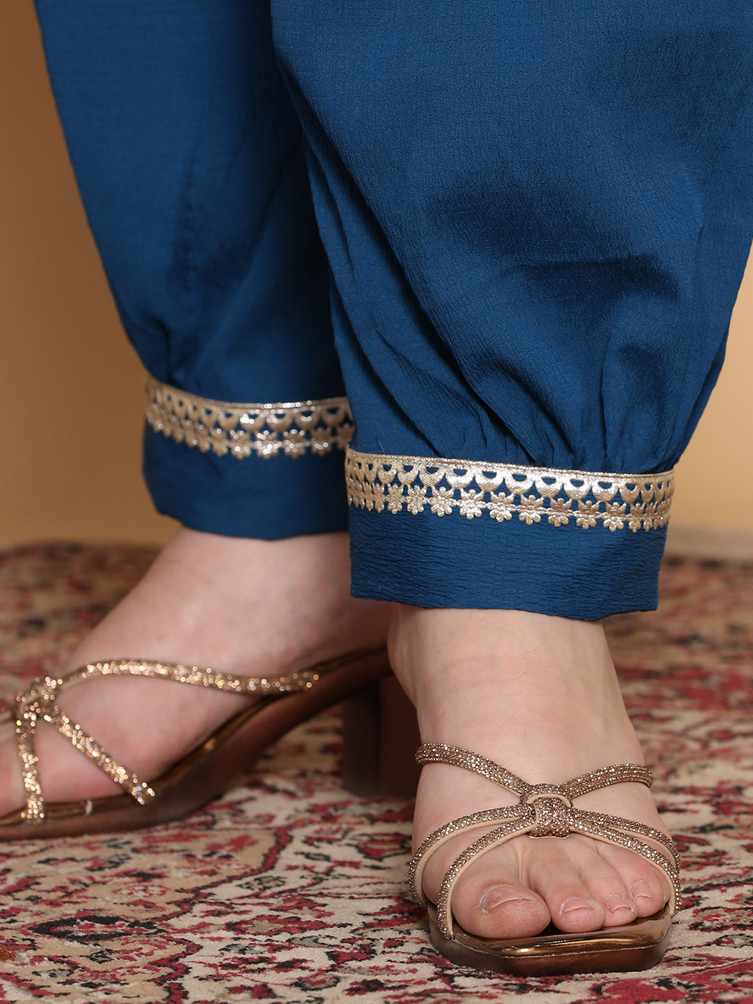 Blue Textured Afghani Salwar - Embellished