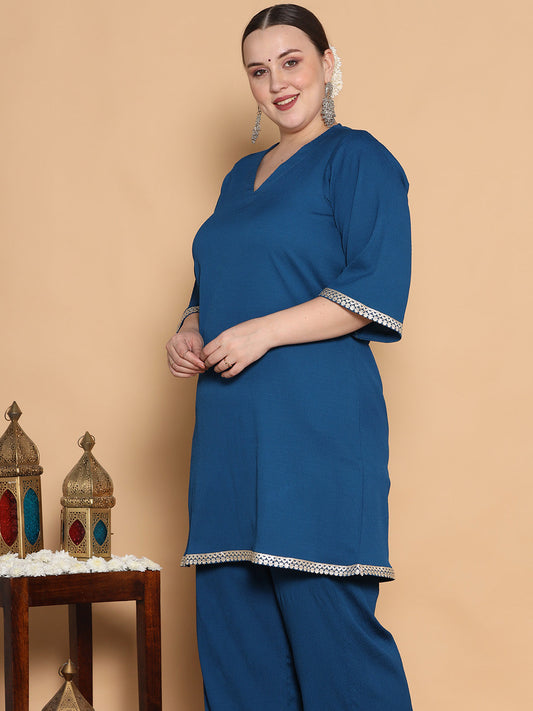 Blue Textured Short Kurti - Embellished