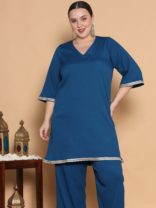 Blue Textured Short Kurti - Embellished