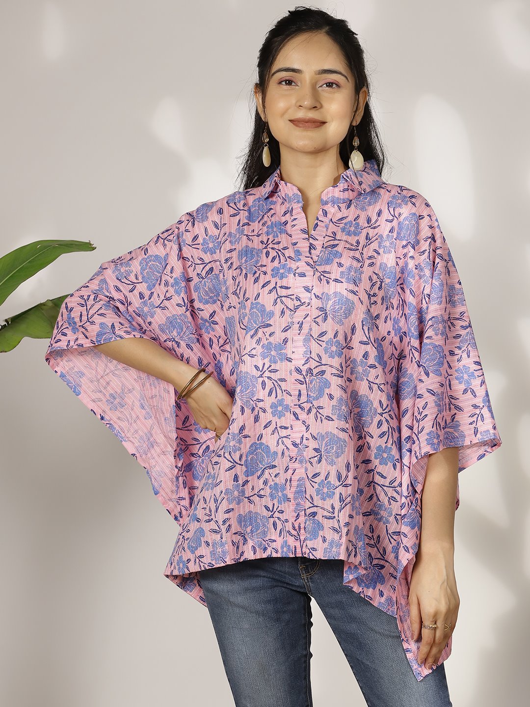 BlueFloral Cotton Kaftan Top