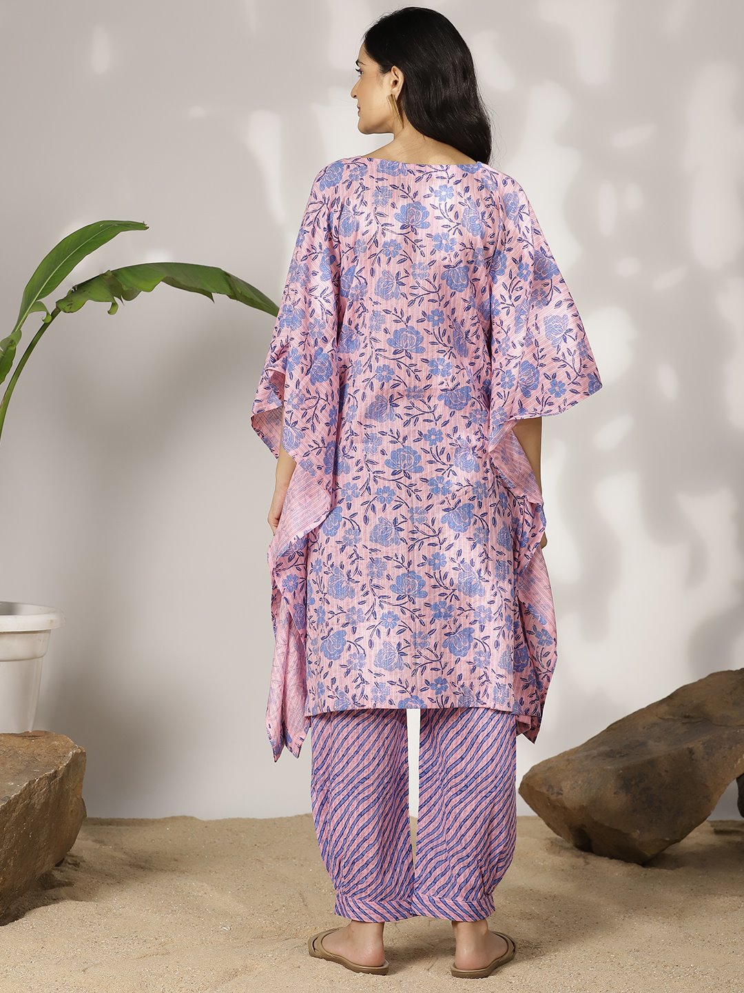 BlueFloral Cotton LongKaftan & Striped AfghaniSalwar