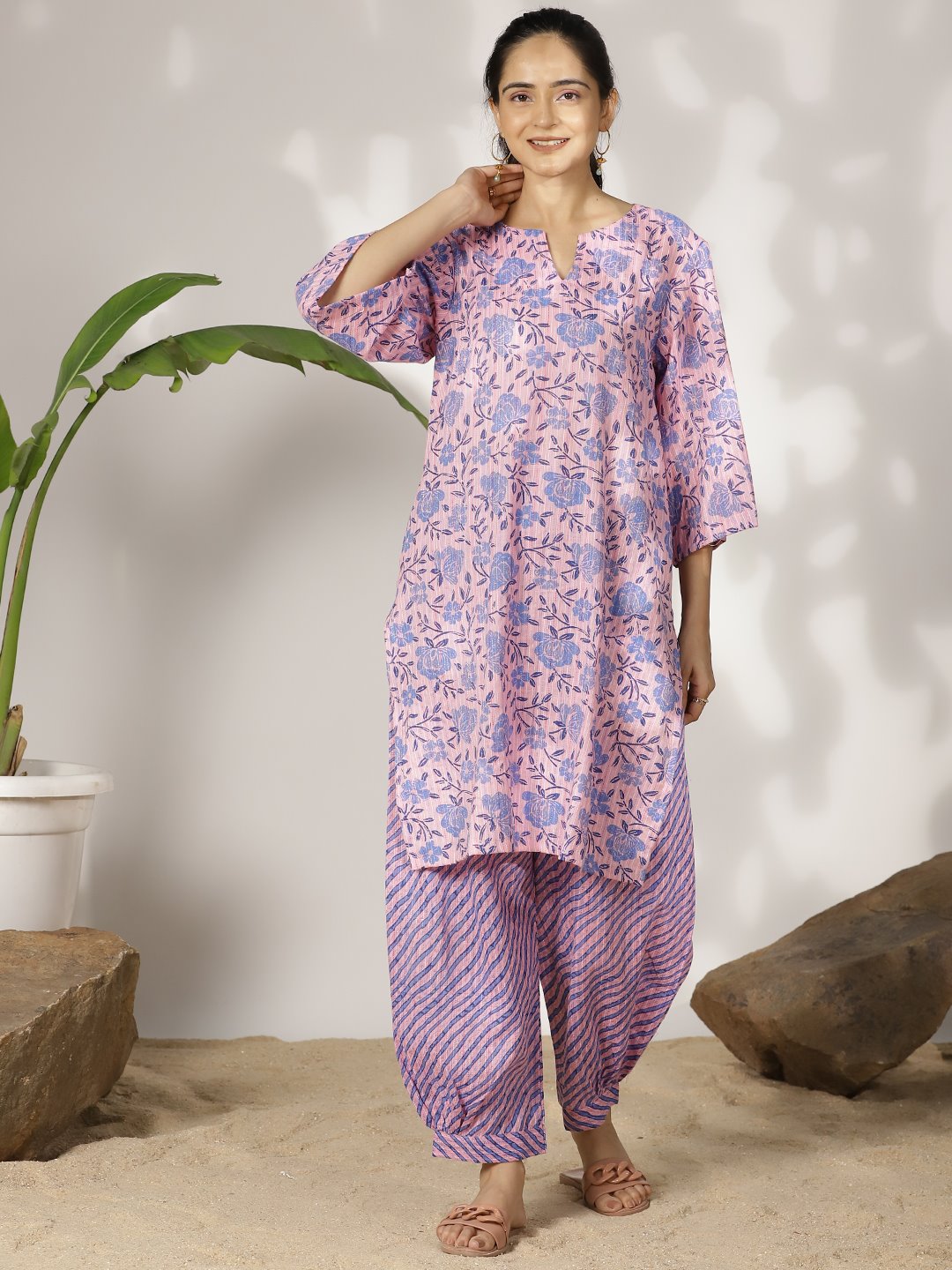 BlueFloral Cotton LongKurta & Striped AfghaniSalwar