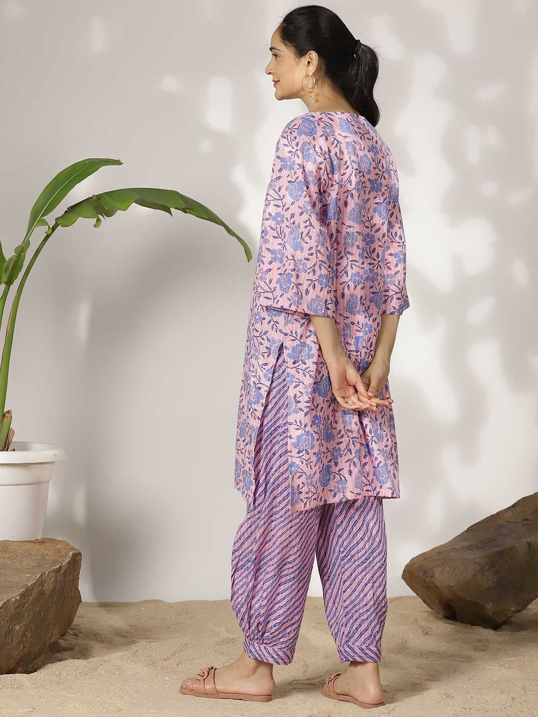 BlueFloral Cotton LongKurta & Striped AfghaniSalwar