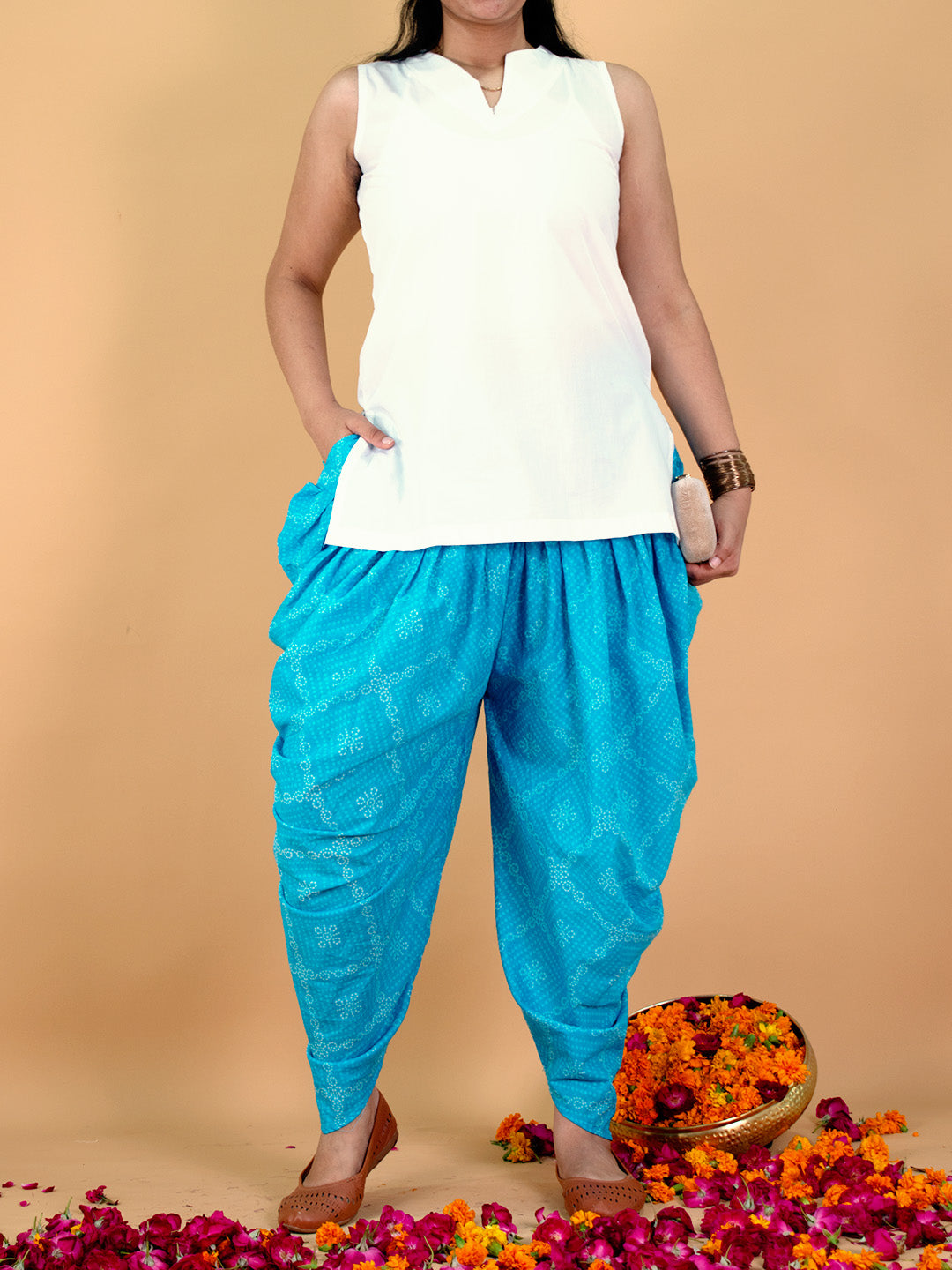 Printed Cotton Dhoti - BlueBandhani