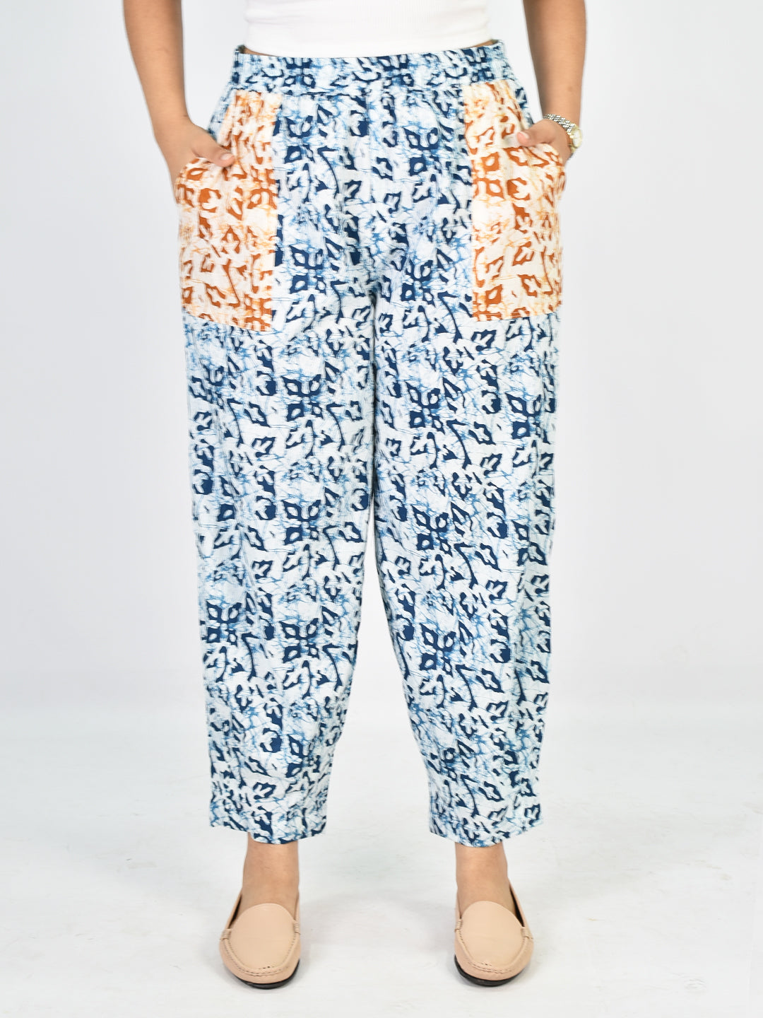 Printed Cotton Mom-Fit Pants - Blue&OrangeMirage