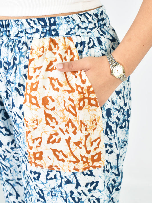 Printed Cotton Mom-Fit Pants - Blue&OrangeMirage