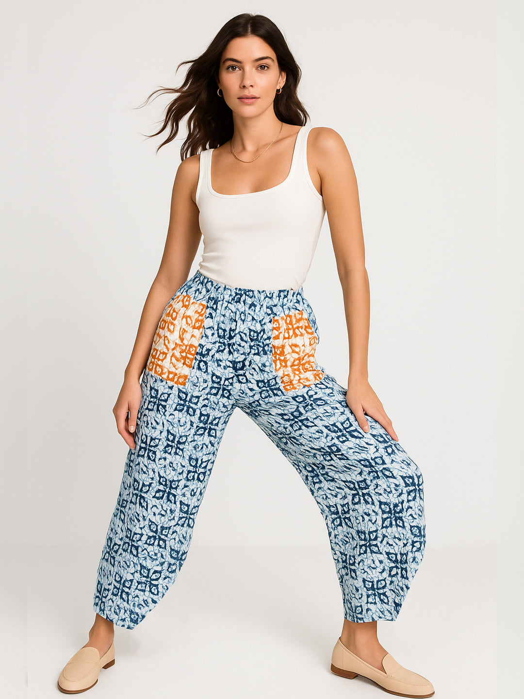 Printed Cotton Mom-Fit Pants - Blue&OrangeMirage