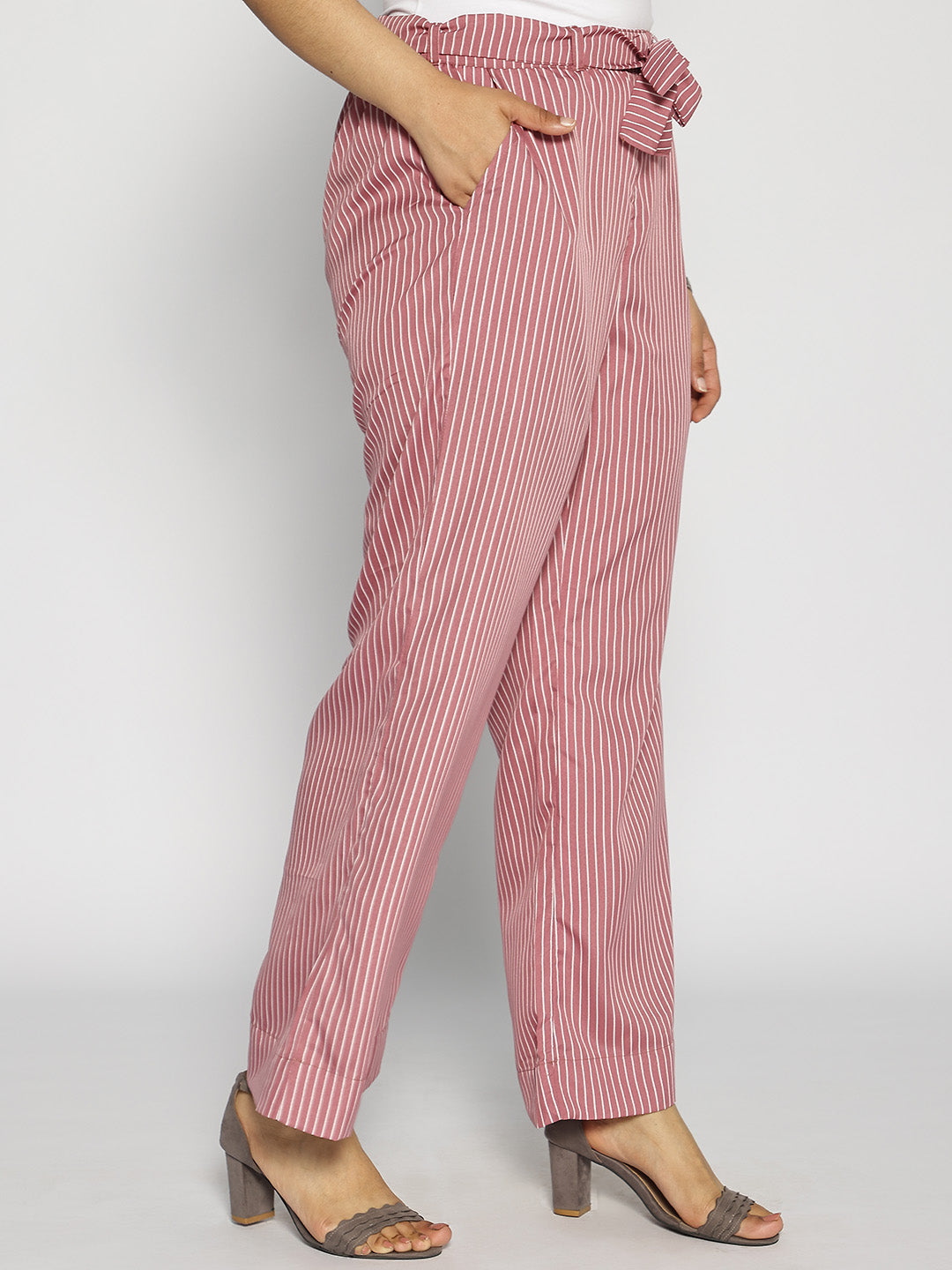 Blush Striped Belted Trousers