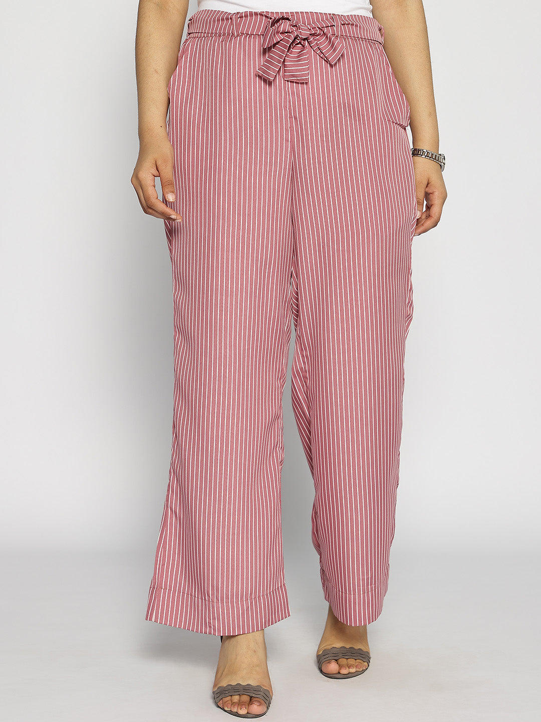 Blush Striped Belted Trousers