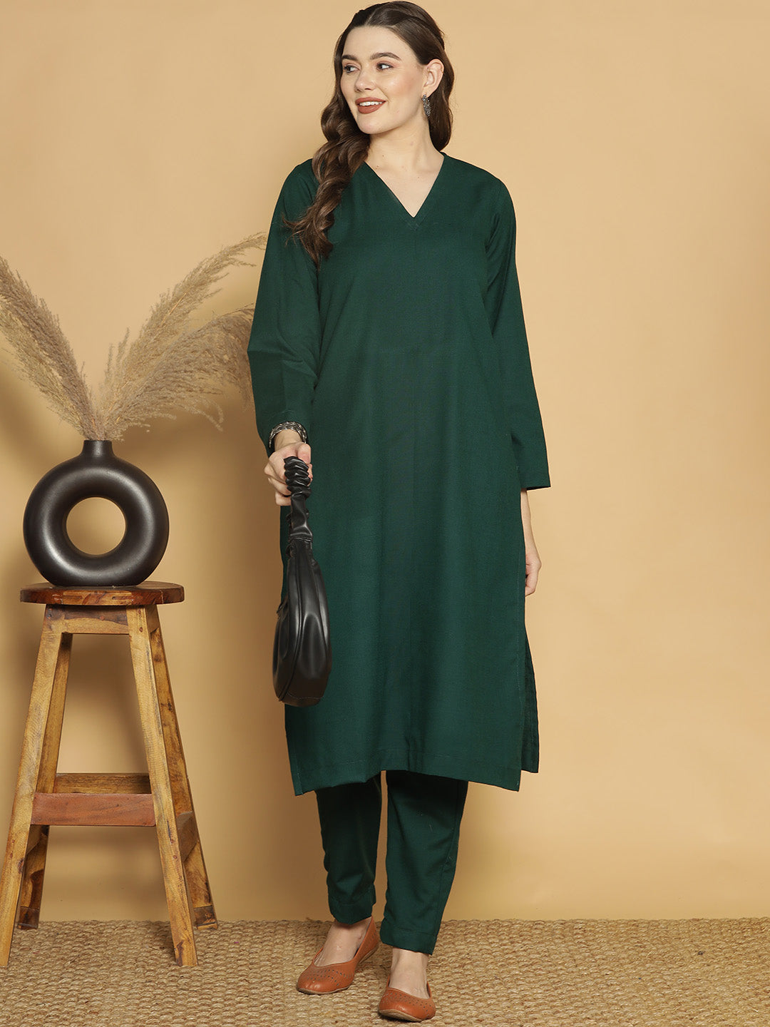 BottleGreen Acrylic LongKurta - Solid