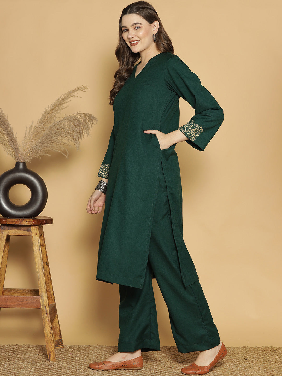 BottleGreen Acrylic LongKurta - Zareen