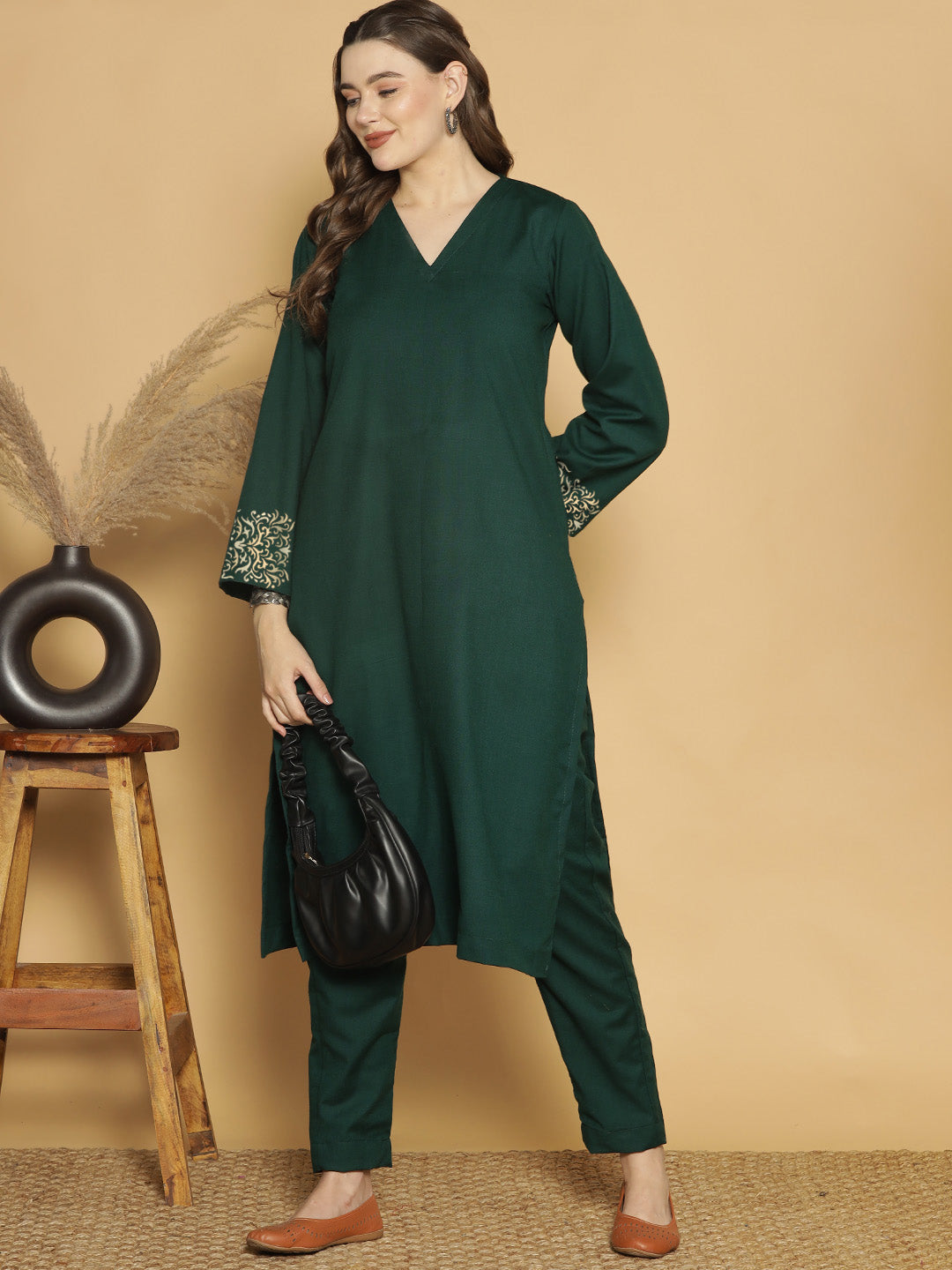 BottleGreen Acrylic LongKurta - Zareen