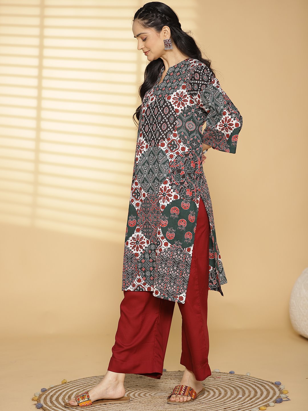 BottleGreen CottonPrinted LongKurta