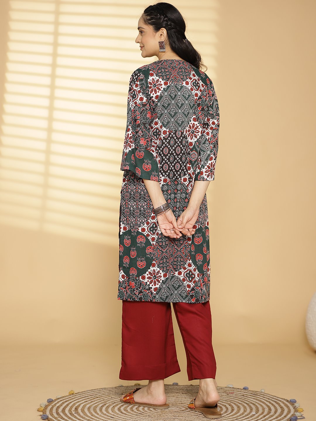 BottleGreen CottonPrinted LongKurta