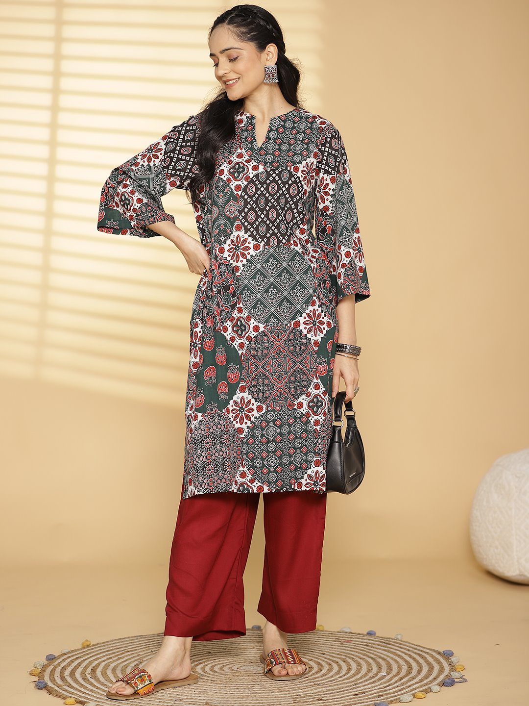 BottleGreen CottonPrinted LongKurta