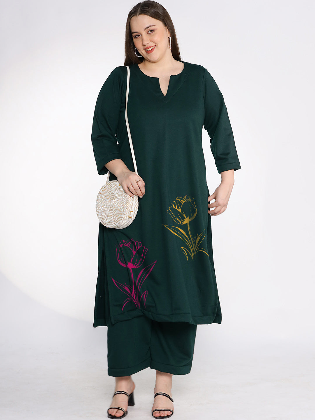 BottleGreen Fleece LongKurta - AmberRose