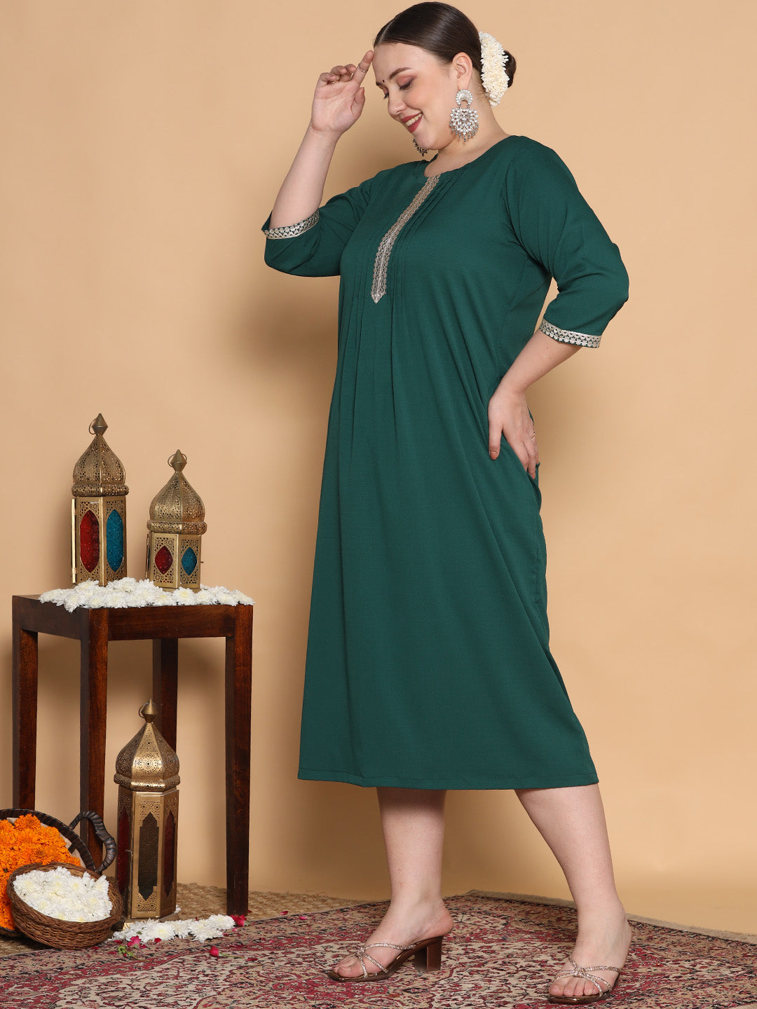 BottleGreen Textured Pintucks Dress