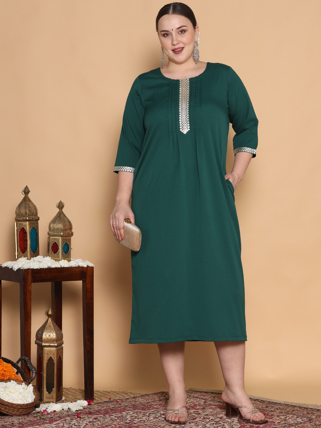 BottleGreen Textured Pintucks Dress