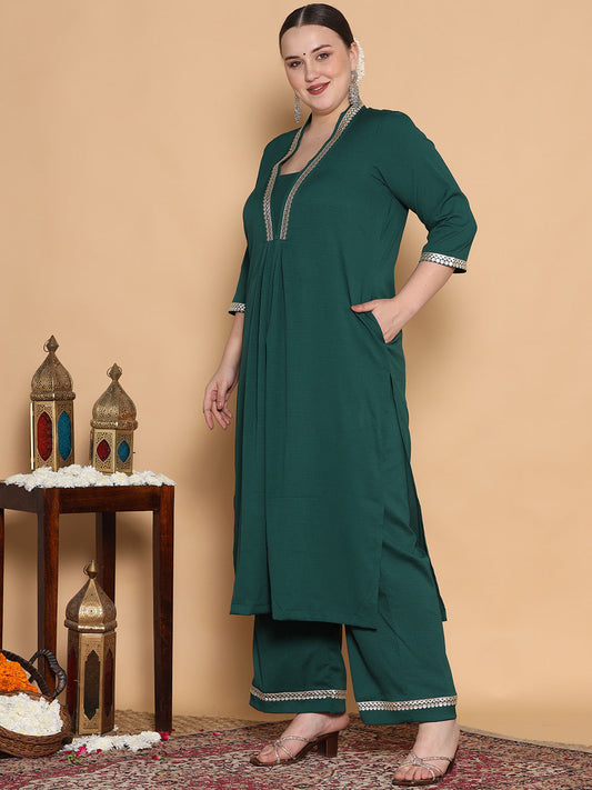 BottleGreen Textured Shawl Collar Kurta