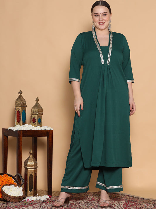 BottleGreen Textured Shawl Collar Kurta