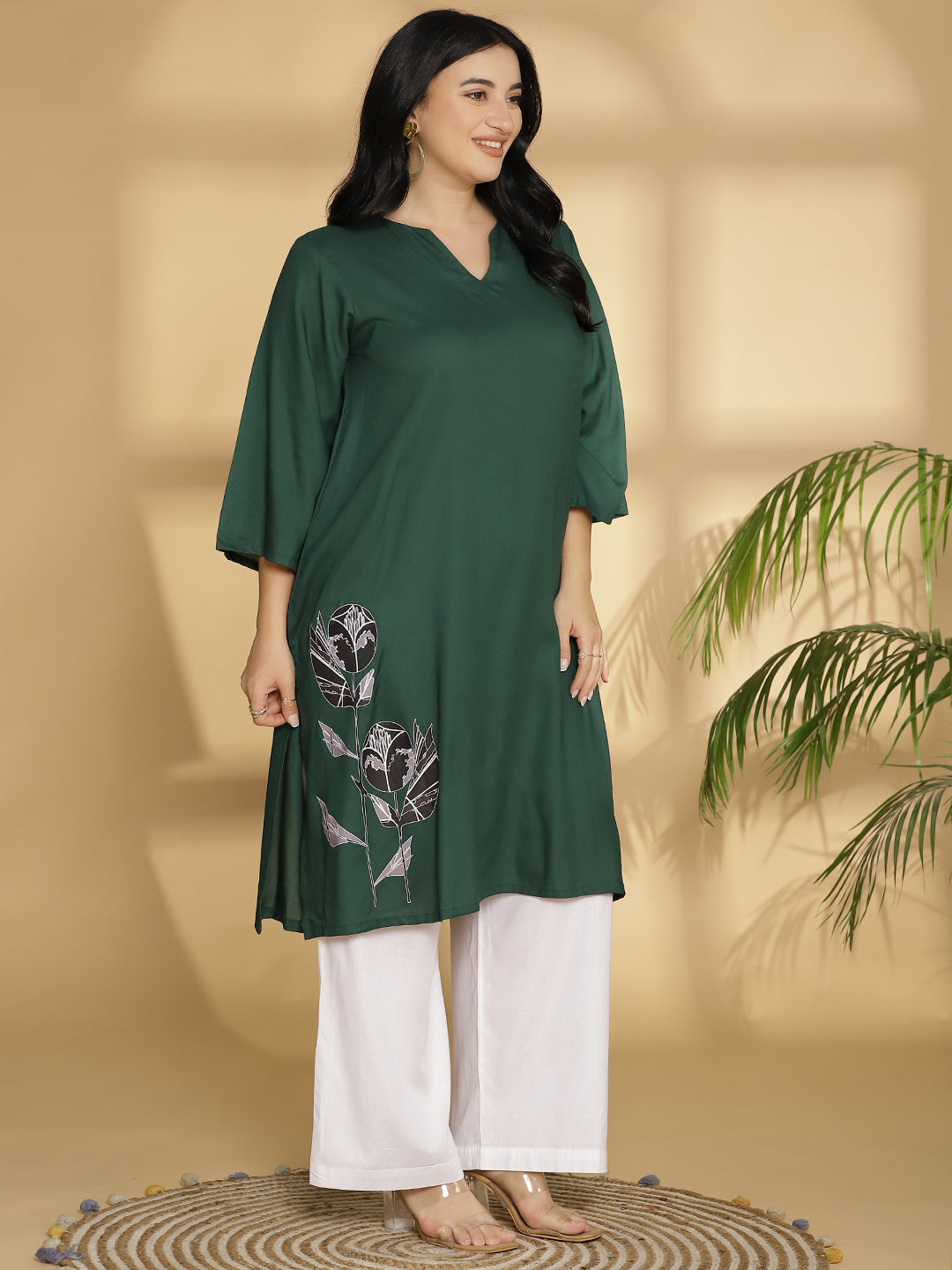 Bottlegreen Rayon LongKurta - GreenBalckFlowers