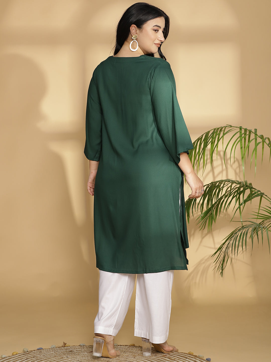 Bottlegreen Rayon LongKurta - GreenBalckFlowers