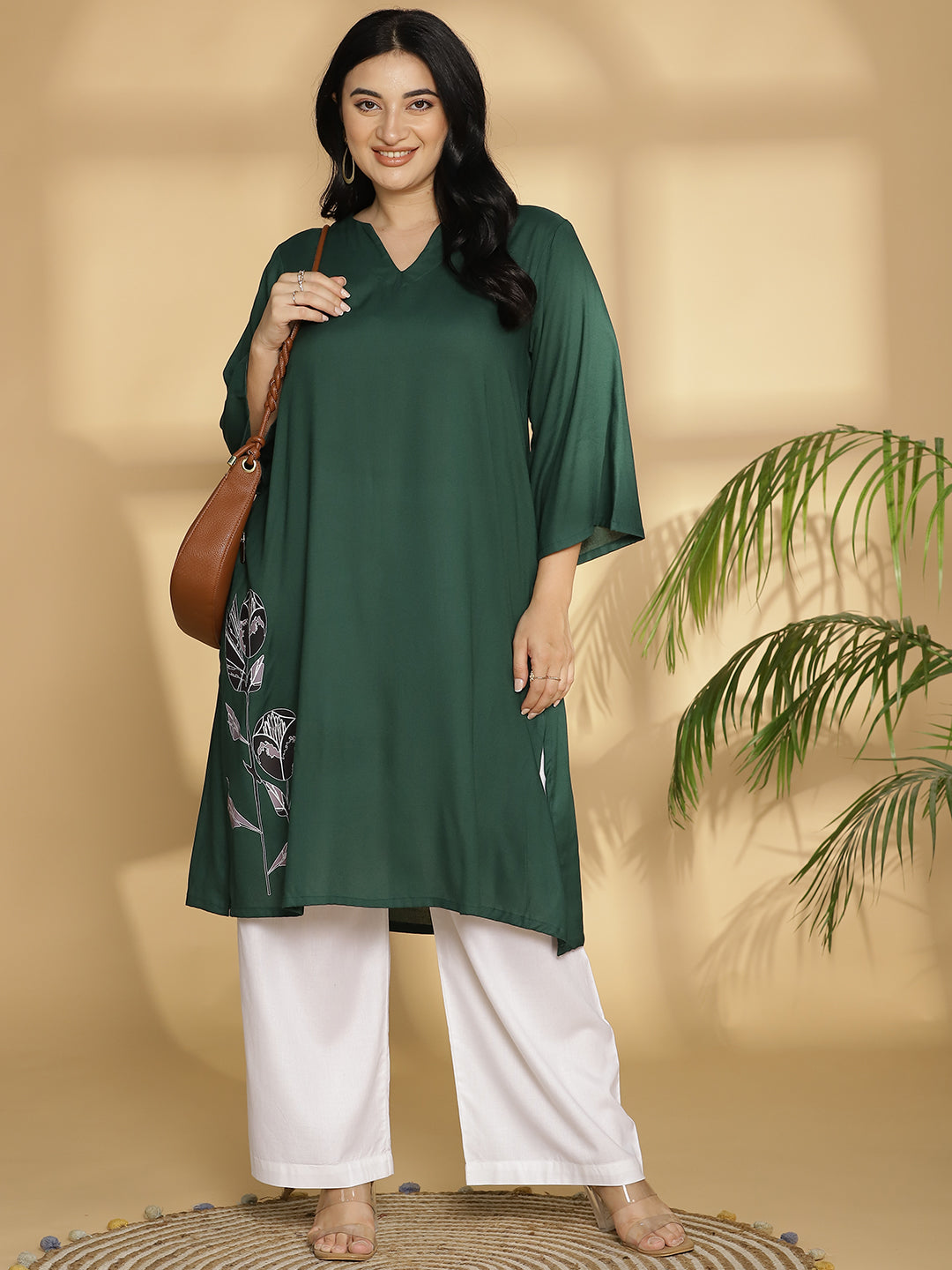 Bottlegreen Rayon LongKurta - GreenBalckFlowers