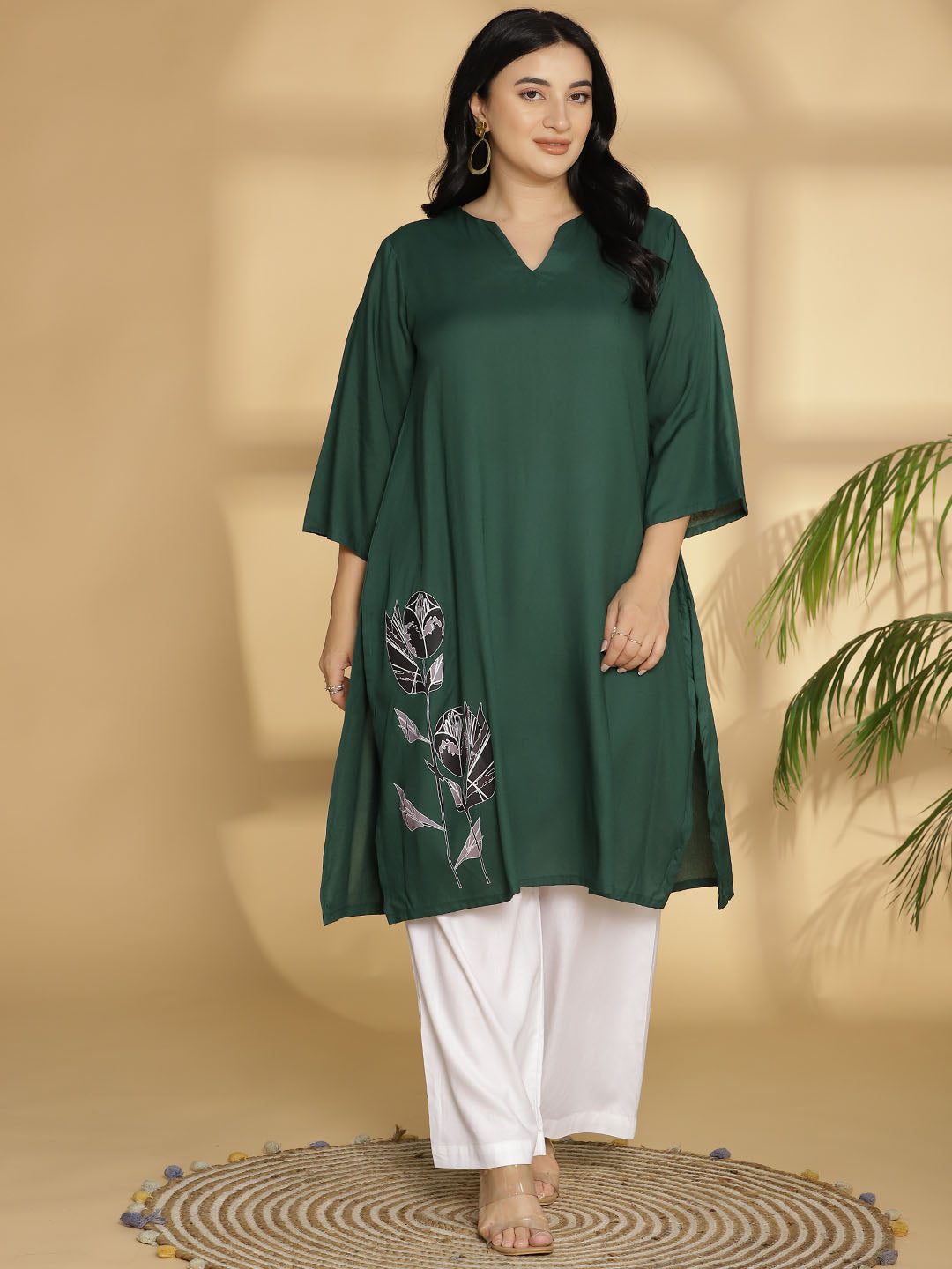 Bottlegreen Rayon LongKurta - GreenBalckFlowers