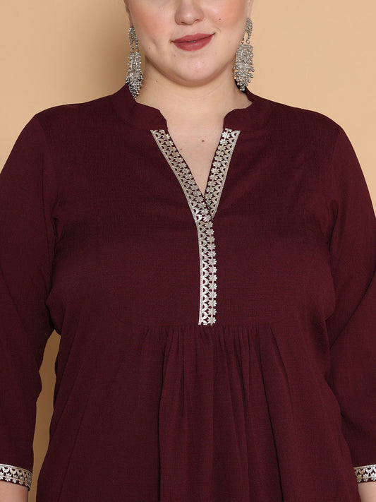 Burgundy Textured Embellished Top - Gathers