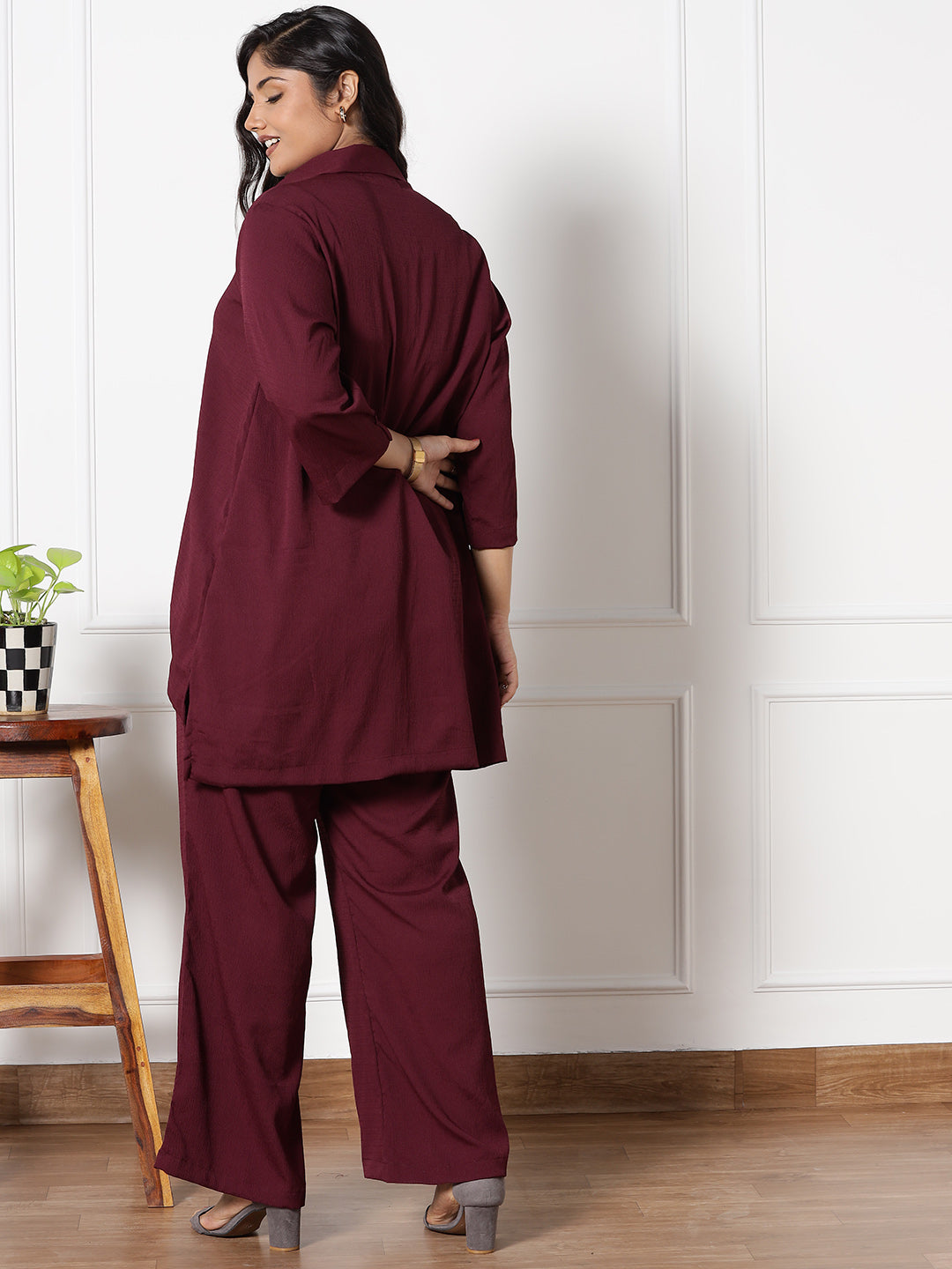 Burgundy Textured ShirtTop & WaistbandPalazzo