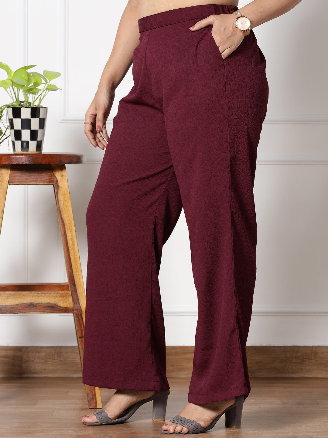 Burgundy Textured ShirtTop & WaistbandPalazzo