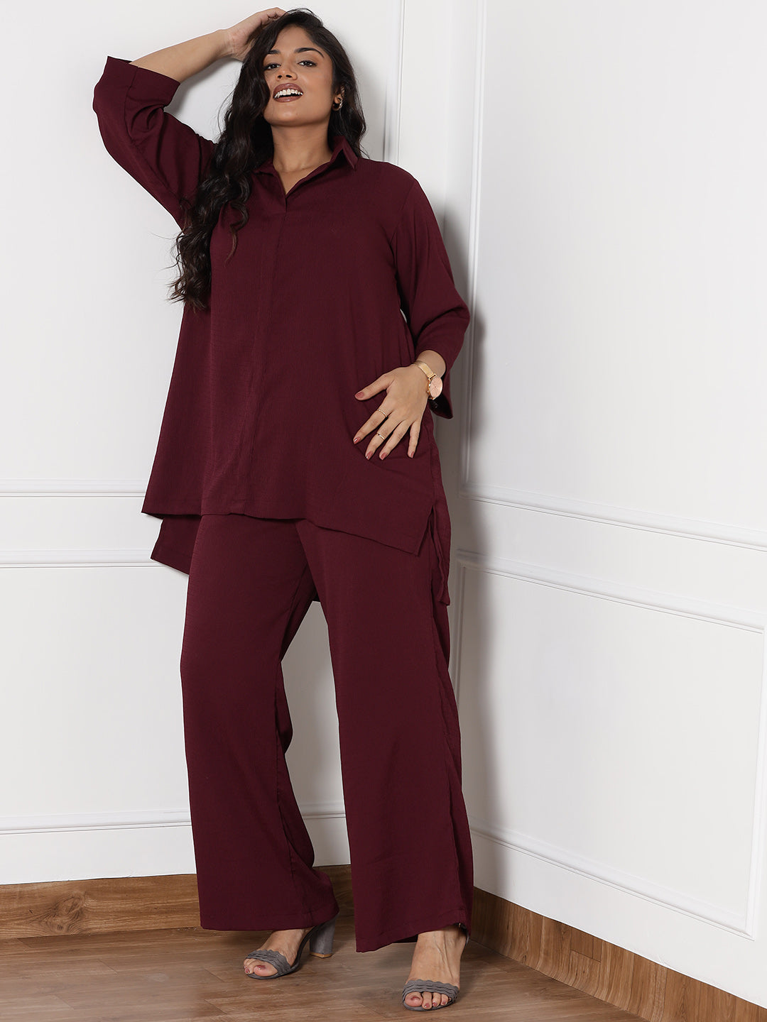 Burgundy Textured ShirtTop & WaistbandPalazzo