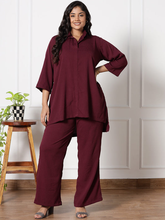 Burgundy Textured ShirtTop & WaistbandPalazzo