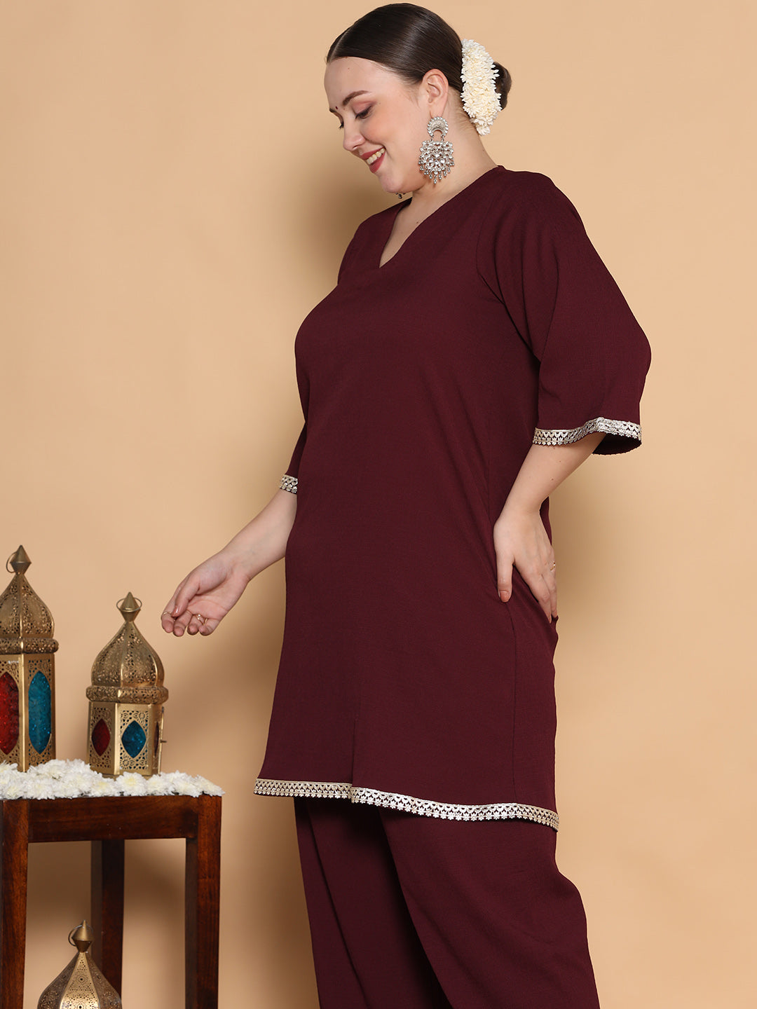 Feranoid Women's V-Neck Cotton Kurti - Short Straight Cut With 3/4 Sleeves, Maroon, Size Small