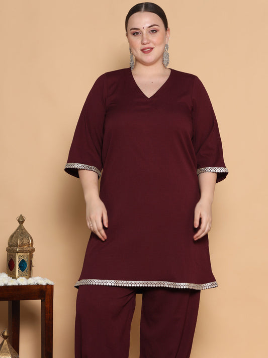 Burgundy Textured Short Kurti - Embellished