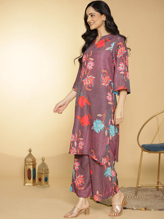 BurgundyFloral Muslin Printed LongKurta