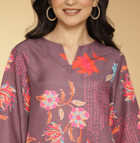 BurgundyFloral Muslin Printed LongKurta