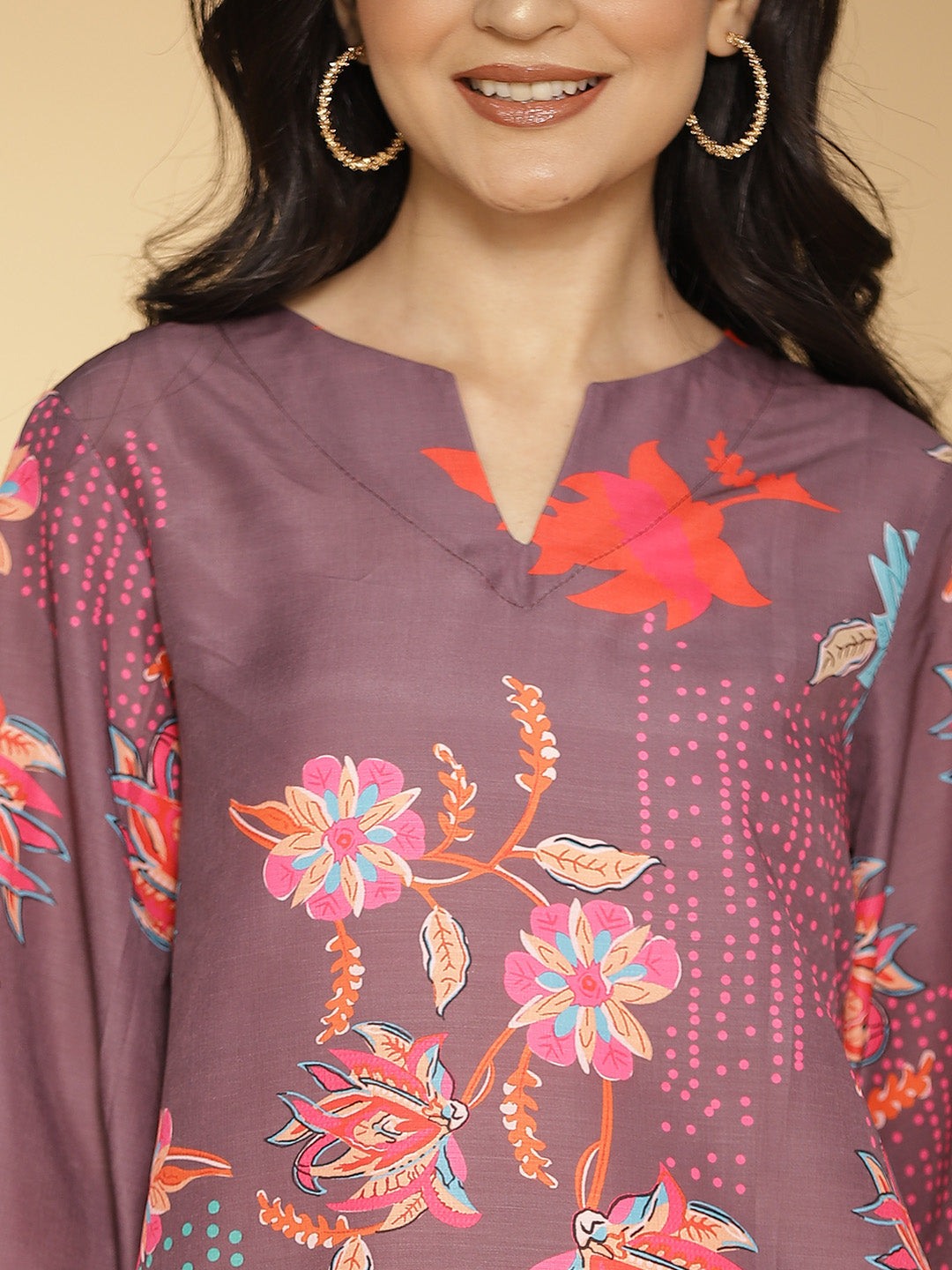 BurgundyFloral Muslin Printed LongKurta