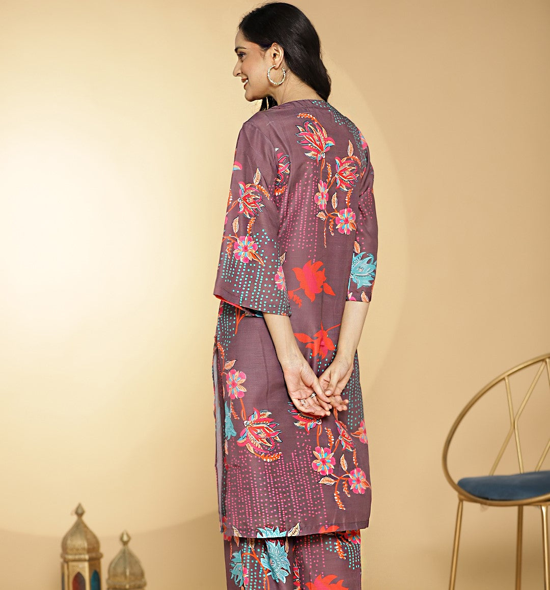 BurgundyFloral Muslin Printed LongKurta