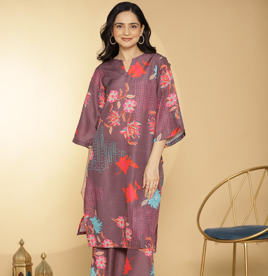 BurgundyFloral Muslin Printed LongKurta