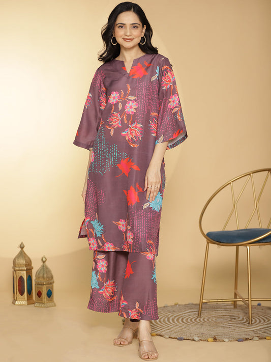 BurgundyFloral Muslin Printed LongKurta & Palazzo